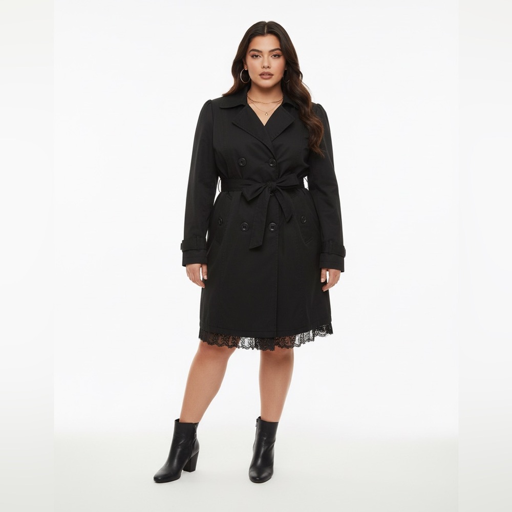 Vintage Black Trench Coat with Lace Trim‎ Detail Double Breasted Button Front